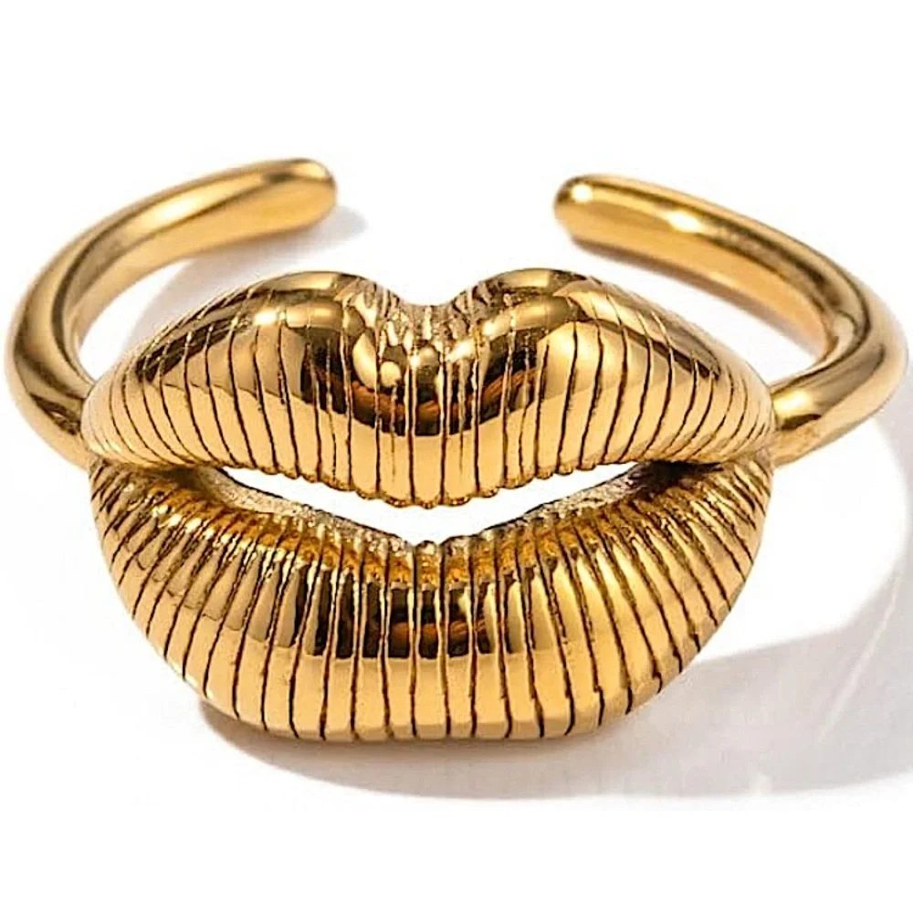 Stainless Steel Lip Resizable Ring Gold Plated Hip Hop Trendy - Picture 1 of 16